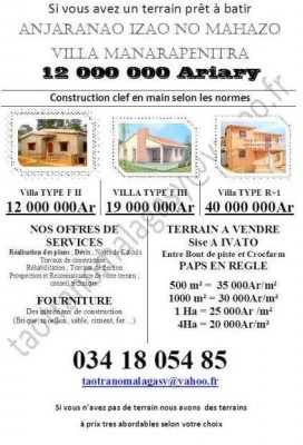 CONSTRUCTION CLES EN MAIN VILLA TYPE F 3  A PARTIR DE 19 000 000Ar - ANTANANARIVO, MADAGASCAR