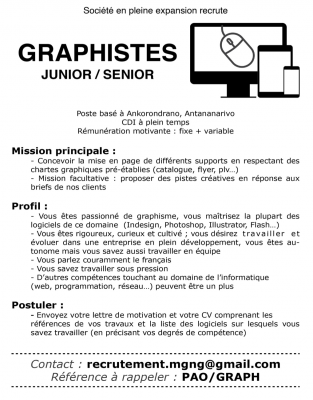 Nous recrutons GRAPHISTES JUNIOR/SENIOR - ANTANANARIVO, MADAGASCAR