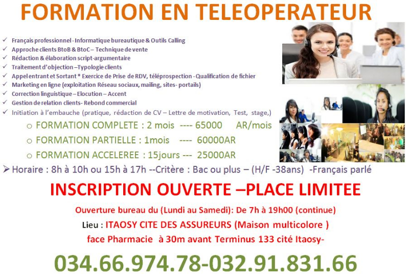 FORMATION EN TELEOPERATEUR SUIVIE DE STAGE - ANTANANARIVO, MADAGASCAR