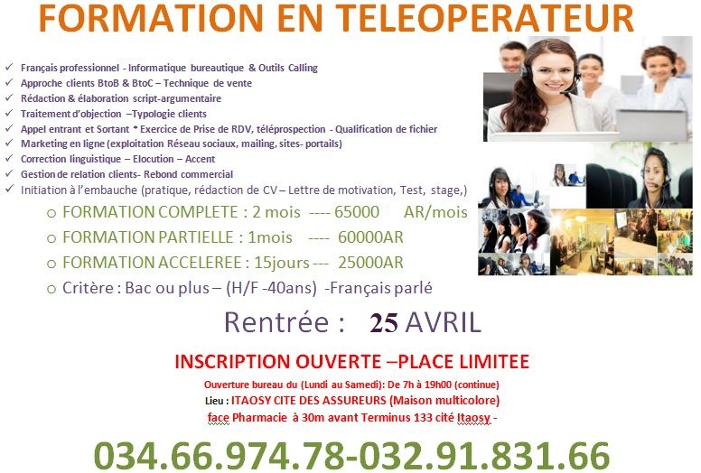 FORMATION EN TELEOPERATEUR SUIVIE DE STAGE - ANTANANARIVO, MADAGASCAR