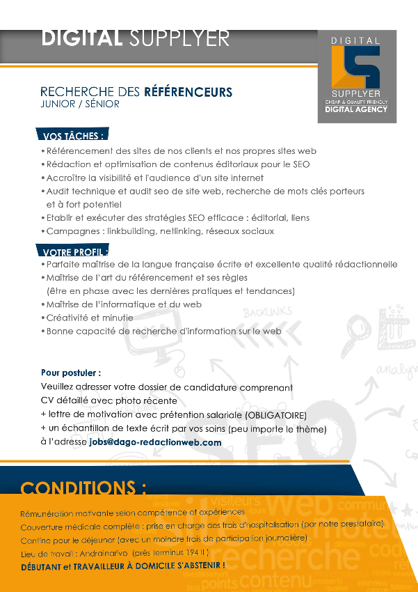 DIGITAL SUPPLYER recrute des référenceurs confirmés (juniors / séniors) - Antananarivo (101), Madagascar