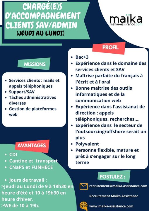 Chargé(e)s d’Accompagnement Clients SAV/Admin (Jeudi au Lundi) - Antananarivo, Madagascar