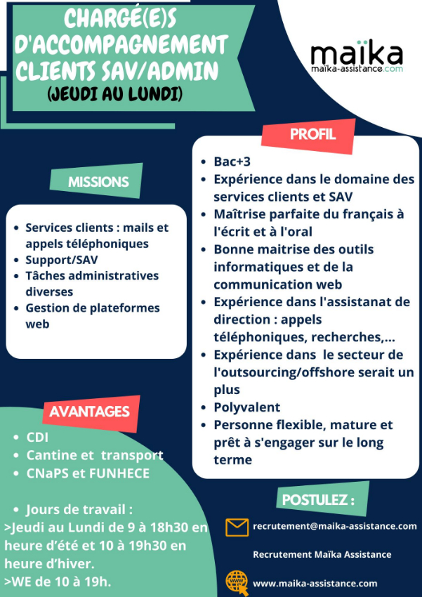 Chargé(e)s d'Accompagnement Clients SAV/Admin (Jeudi au Lundi) - Antananarivo, Madagascar