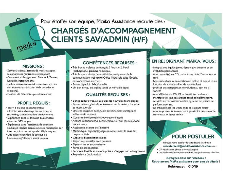 Chargé(e)s d'Accompagnement Clients SAV/Admin - Antananarivo, Madagascar