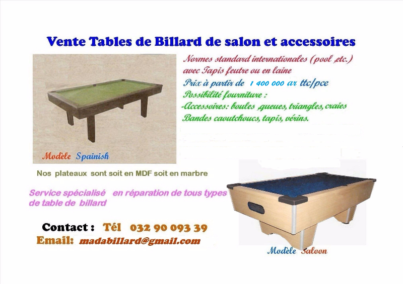 Vente de billards neufs - Antananarivo , Madagascar